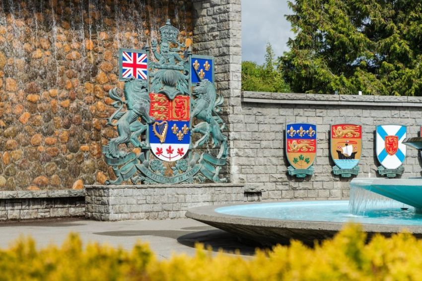 Canada’s royal coat of arms at Confederation Garden Park in Victoria, British Columbia.