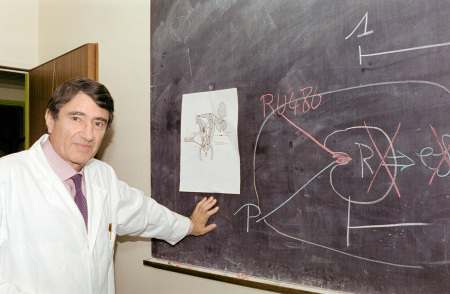 French biochemist, endocrinologist and researcher Etienne-Emile Baulieu poses on Oct. 31, 1988, with diagram describing function of his invention, the abortion-inducing RU-486 pill, at the Bicêtre Hospital in Le Kremlin-Bicêtre. Etienne-Emile Baulieu is best known for his research in the field of steroid hormones and their role in reproduction and aging