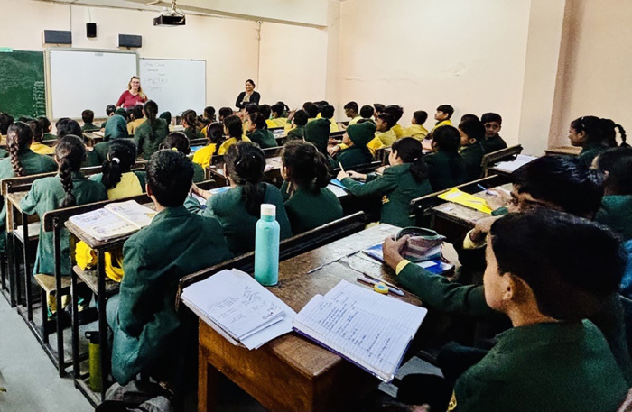 Students seated at their desks at the Good Samaritan School in New Delhi, India.