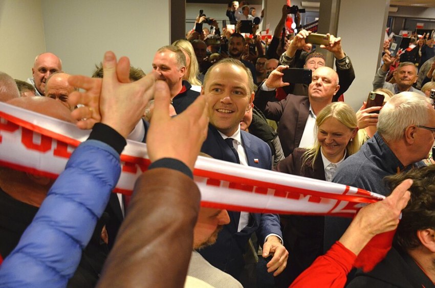 Karol Nawrocki shakes hands with supporters on Dec. 2, 2024.