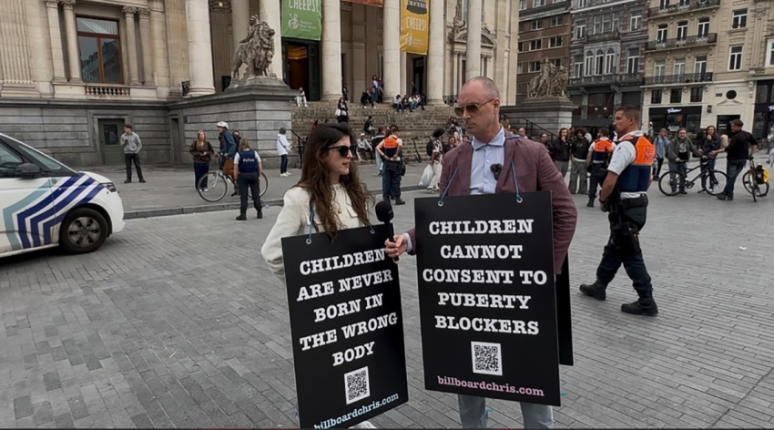 Police arrested Lois McLatchie Miller, a senior legal communications officer with ADF International (left) and Canadian child protection advocate Chris Elston, also known as Billboard Chris, for peacefully displaying a sign that read: “Children are never born in the wrong body” in In Brussels, Belgium, on June 5, 2025. 