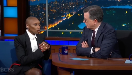 Late-night talk show host Stephen Colbert talks with self-described bisexual actress Cynthia Erivo, who is slated to portray Jesus during a performance of "Jesus Christ Superstar" at the Hollywood Bowl in August.