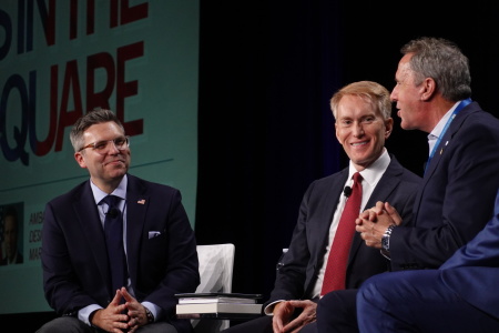 ERLC President Brent Leatherwood (left) with Sen. James Lankford, and Ambassador designee Mark Walker at the "Southern Baptists in the Public Square" event on June 8, 2025, at the Kay Bailey Hutchison Convention Center in Dallas, Texas.