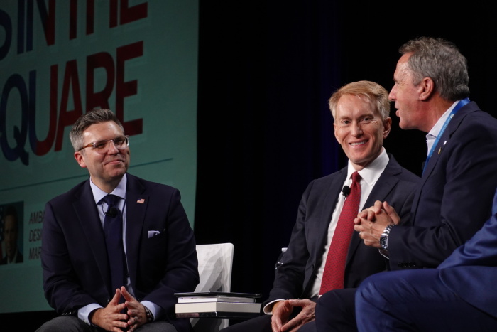 ERLC President Brent Leatherwood (left) with Sen. James Lankford, and Ambassador designee Mark Walker at the "Southern Baptists in the Public Square" event on June 8, 2025, at the Kay Bailey Hutchison Convention Center in Dallas, Texas.