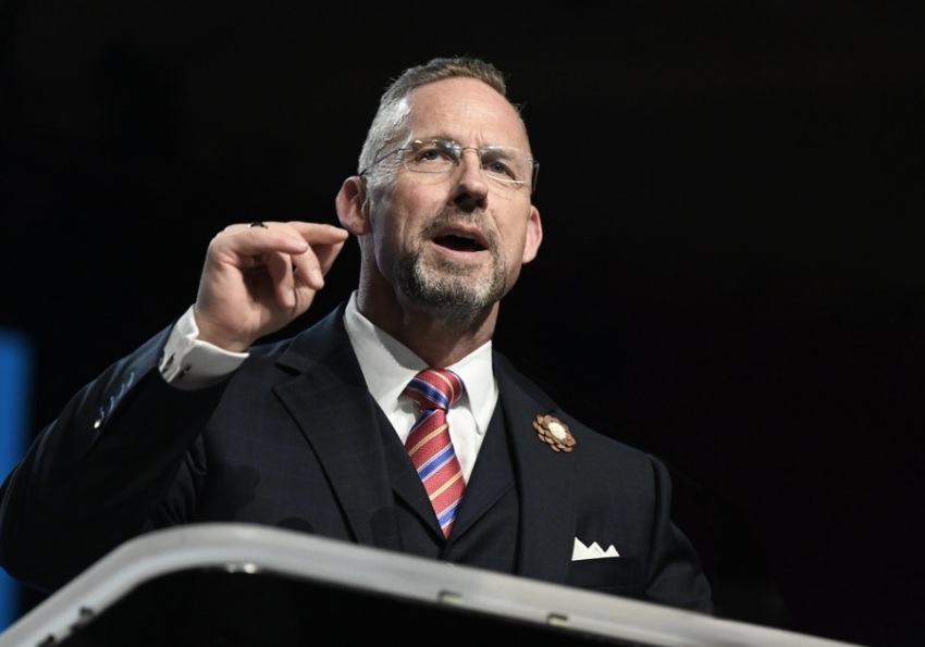 Southern Baptist Convention President Clint Pressley delivering a speech at the SBC Annual Meeting in Dallas, Texas, on Tuesday, June 10, 2025.