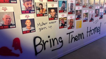 Flyers of the hostages taken by Hamas on Oct. 7, 2023, on display at the Nova Music Festival Exhibit in Washington, D.C.