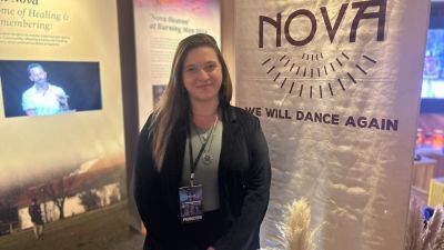 Noa Beer, who was working at the Nova Music Festival when Hamas attacked on Oct. 7, 2023, shares her testimony at an exhibition on June 12, 2025, to help raise awareness about the massacre.