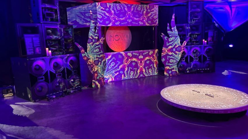 A representation of what the stage at the Nova Music Festival looked like on Oct. 7, 2023, is part of the exhibition. 