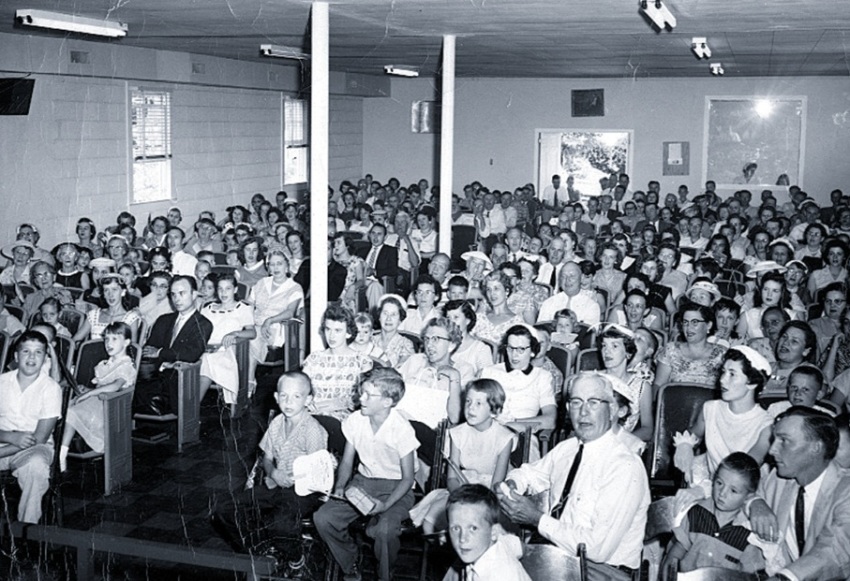 One of the first worship services at Thomas Road Baptist Church of Lynchburg, Virginia, which was founded in 1956 by a 22-year-old Jerry Falwell, Sr.