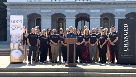 CHANGED co-founder Elizabeth Woning speaks on the steps of the California state Capitol in Sacramento on June 12, 2025, joined by other members of the organization who have left the LGBTQ lifestyle.