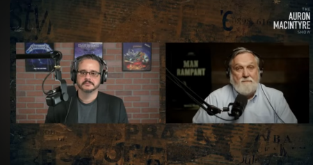 Host Auron MacIntyre (left) with Pastor Douglas Wilson in an episode of "The Auron MacIntyre Show" that aired on June 6, 2025.