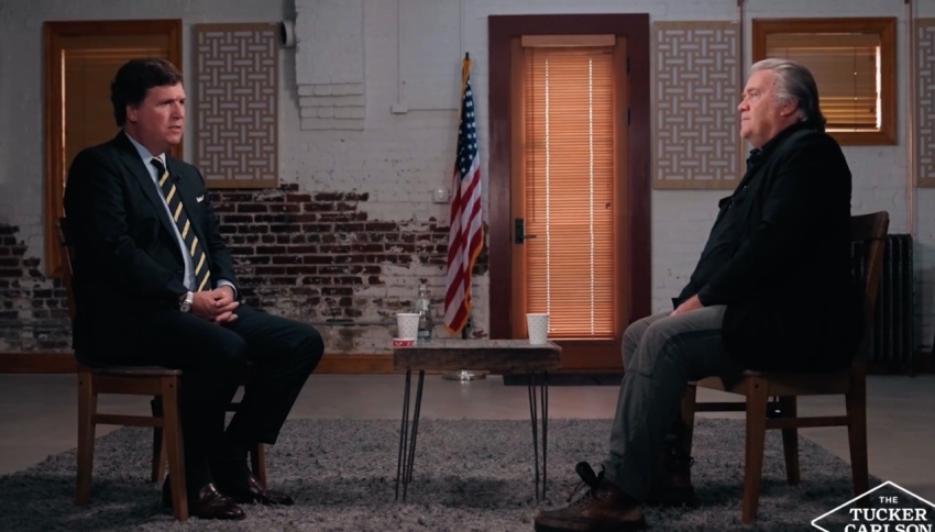 Tucker Carlson and Steve Bannon talk during an interview released June 16, 2025, on Carlson's independent platform.