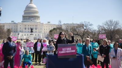 Students for Life of America and Students for Life Action President Kristan Hawkins advocates for defunding Planned Parenthood during a March 2025 rally in front of the U.S. Capitol Building.