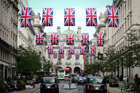 Union Jack flags are displayed on Regent Street St. James' ahead of VE Day 80 on May 4, 2025, in London, United Kingdom. The U.K. is marking the 80th anniversary of VE Day with four days of commemorative events.