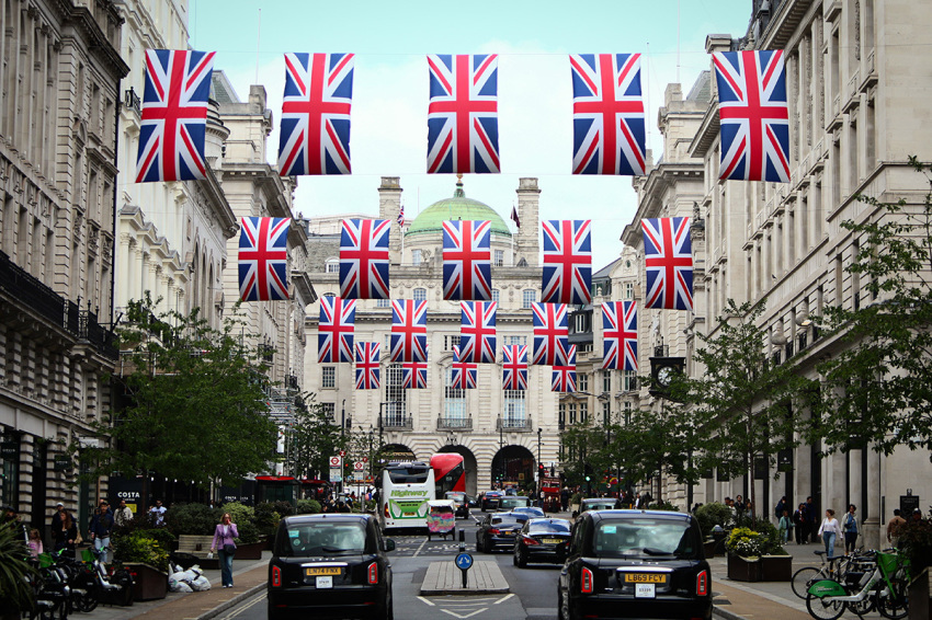 Union Jack flags are displayed on Regent Street St. James' ahead of VE Day 80 on May 4, 2025, in London, United Kingdom. The U.K. is marking the 80th anniversary of VE Day with four days of commemorative events.