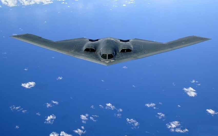 A Northrop Grumman B-2 Spirit soars after a refueling mission over the Pacific Ocean on Tuesday, May 30, 2006. The B-2, from the 509th Bomb Wing at Whiteman Air Force Base, Mo., is part of a continuous bomber presence in the Asia-Pacific region.