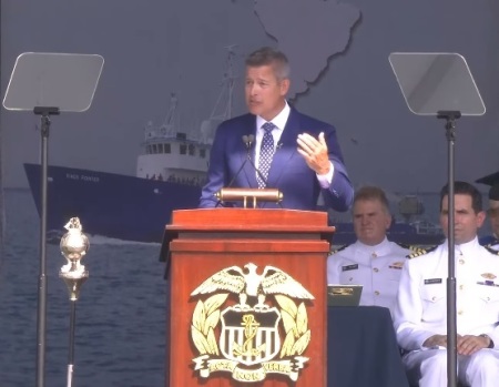 United States Secretary of Transportation Sean Duffy delivers the commencement address at the U.S. Merchant Marine Academy in Kings Point, New York, June 23, 2025. 