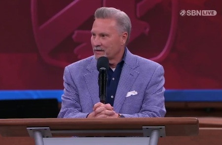 Donnie Swaggart, the son of televangelist Jimmy Swaggart, gives an update on his father's health during a worship service on Wednesday, June 26, 2025, at the Family Worship Center in Baton Rouge, Louisiana