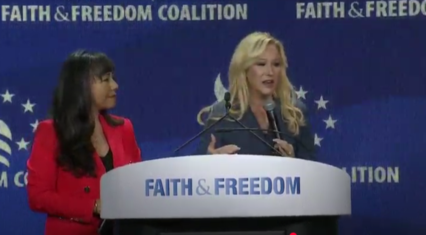 The Rev. Paula White-Cain, right, a spiritual advisor to President Donald Trump who leads the White House Faith Office, speaks at the Faith & Freedom Coalition's 2025 Road to Majority Conference in Washington, D.C., June 27, 2025. Jennifer Korn, director of the White House Faith Office, looks on. 