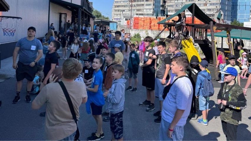 Children gather for the first day of summer camp through the Ark Church in Ukraine on June 24, 2025. The photo was taken before the explosions forced everyone to shelter in the basement,