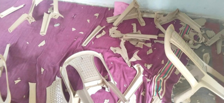 Chairs smashed in attack on church in Borsi village, Dhamtari District, Chattisgarh, India, on June 8, 2025.