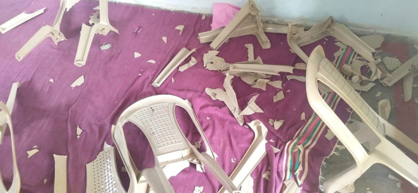 Chairs smashed in attack on church in Borsi village, Dhamtari District, Chattisgarh, India, on June 8, 2025. 