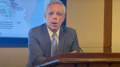 Former Armenian Foreign Minister Vartan Oskanian speaks on Capitol Hill on July 8, 2025, about the Swiss Peace Initiative, a peace forum to negotiate Armenian Christians' safe return to their homeland.