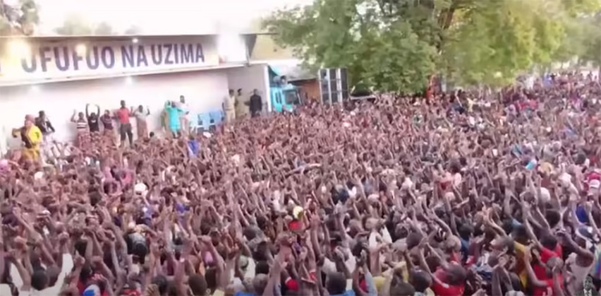 Churchgoers gather for worship at Nyumba ya Ufufuo na Uzima (The House of Resurrection and Life). The Glory of Christ Tanzania Church has over 2,000 branches, with a reported membership of over 70,000.