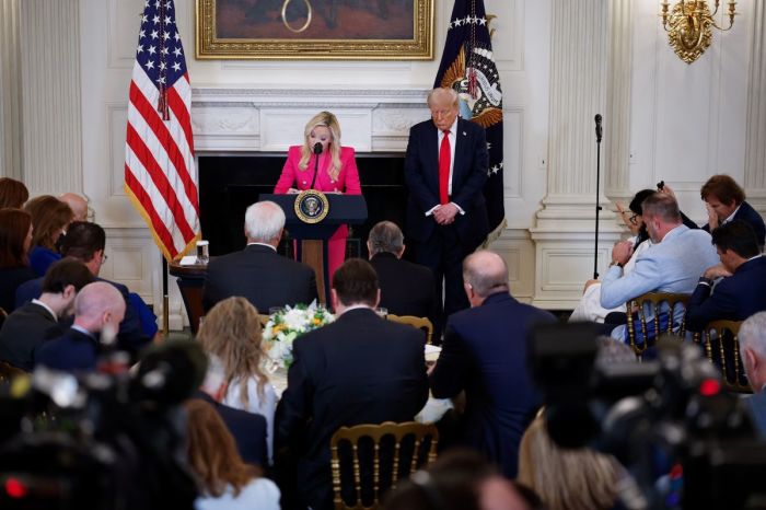 U.S. President Donald Trump and Pastor Paula White-Cain, the head of the White House Faith Office, bow their heads in prayer during a White House Faith Office luncheon in the State Dining Room at the White House on July 14, 2025 in Washington, DC. White-Cain hosted the luncheon with members of government and faith-based and community organizations.
