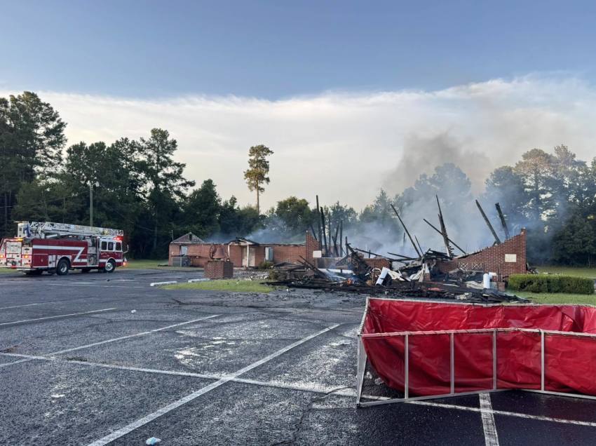 The remains of Pleasant Grove Baptist Church in Darlington County, South Carolina, on July 19, 2025, after it was destroyed by a massive fire.