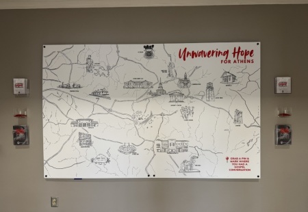 The Gospel Conversations Map is displayed in the front atrium at Beech Haven Church of Athens, Georgia.