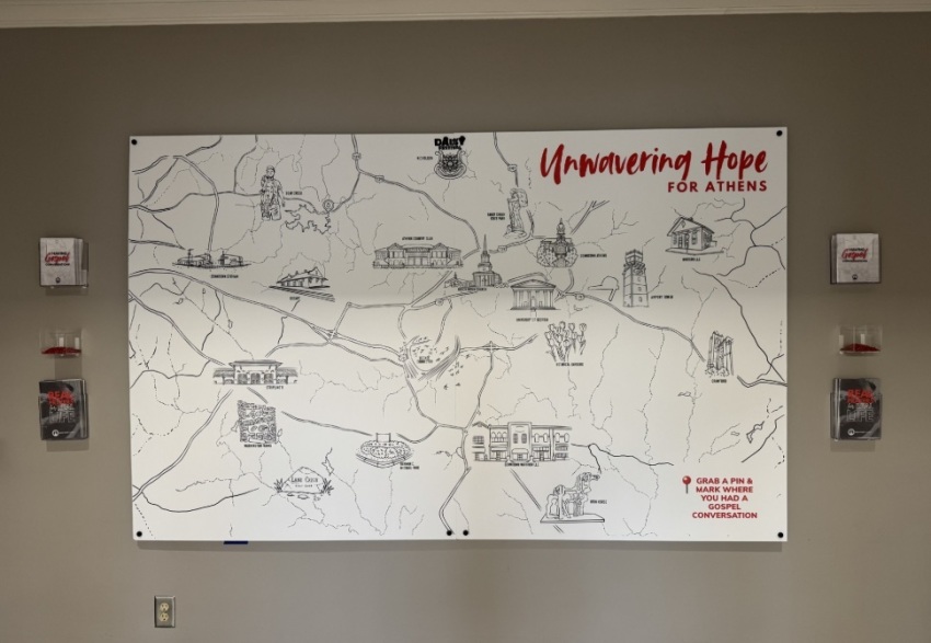 The Gospel Conversations Map is displayed in the front atrium at Beech Haven Church of Athens, Georgia.