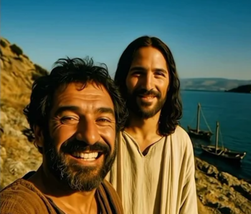 A screenshot of an AI Bible short depicting Peter and Jesus.