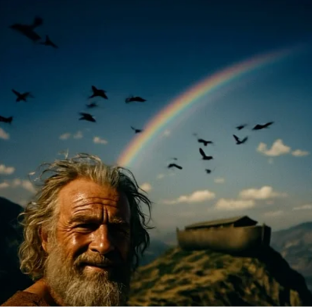 A screenshot of an AI Bible short depicting Noah after the Flood.