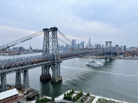 A view of The Williamsburg Bridge in New York City from Brooklyn to Manhattan.