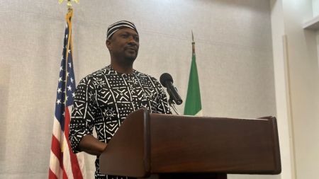 Barr Franc Utoo, a native of Yelewata, Nigeria, speaks at a conference at The National Press Building in Washington, D.C., on July 24, 2025. Fulani terrorists murdered dozens of Utoo's friends and family during the Yelewata Massacre of June 13 and 14, 2025.