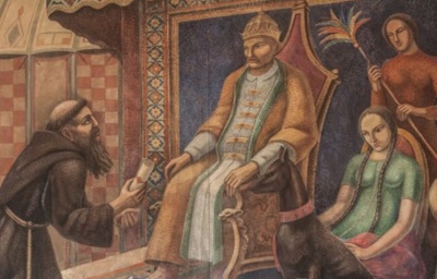 Giovanni da Pian del Carpini (c.1180-1252), sometimes known as John of Plano Carpini, a 13th century papal emissary to the Mongol Empire known for his pioneering writings on Central Asia. He is depicted in this 20th century mural located in the Council Hall of Magione, Italy, meeting with the khan of Mongolia.