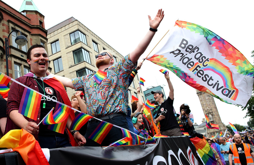 Members of the LGBT community and supporters take part in the Belfast pride parade 2019 in Belfast, Northern Ireland, on Aug. 3, 2019. 