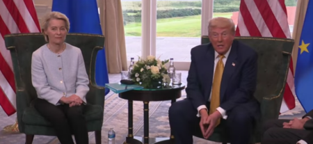 President Donald Trump speaks at a press conference with European Commission President Ursula Von Der Leyen in Scotland, July 27, 2025. 