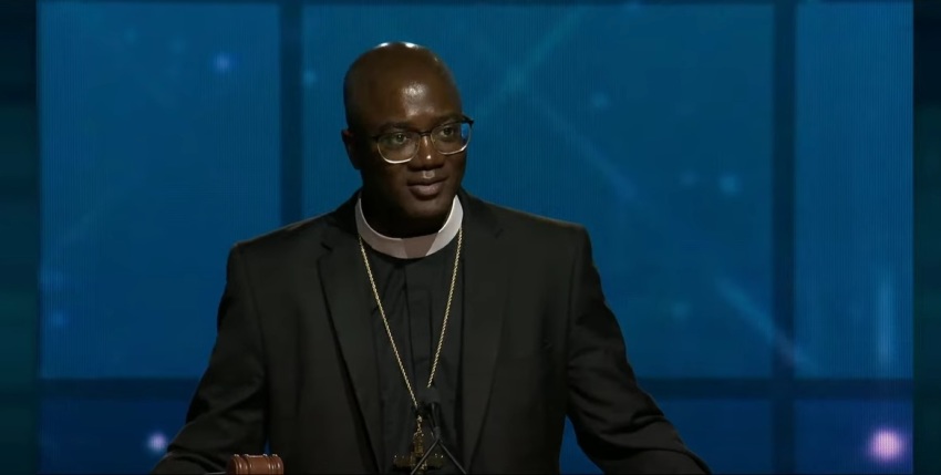 The Rev. Yehiel Curry, the first African American presiding bishop of The Evangelical Lutheran Church in America, gives remarks at the ELCA Churchwide Assembly on Wednesday, July 30, 2025 at the Phoenix Convention Center in Arizona shortly after being elected.