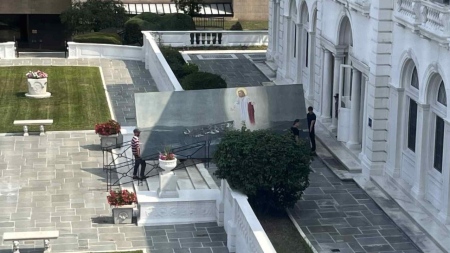 The historic "Christ on the Water" painting at the U.S. Merchant Marine Academy is brought up from the chapel basement where it was placed in 2023 following a complaint.