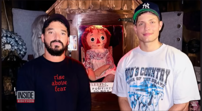 Comedian Matt Rife (R) and YouTuber Elton Castee (L) with Annabelle doll. 