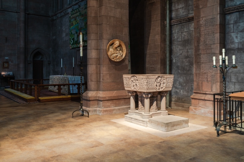 The baptismal font at the Cathedral of All Saints (Episcopal) in Albany, New York, New York. 