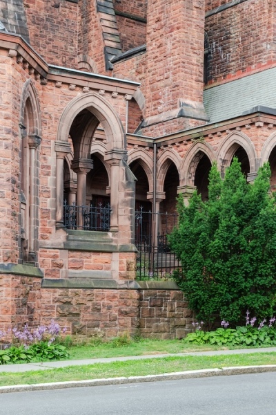 The exterior architecture of the Cathedral of All Saints (Episcopal) in Albany, New York, New York.