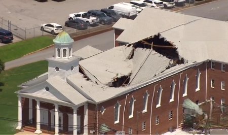 An aerial shot of the collapsed roof of the Upstate Church Haywood sanctuary in Greenville, South Carolina. 