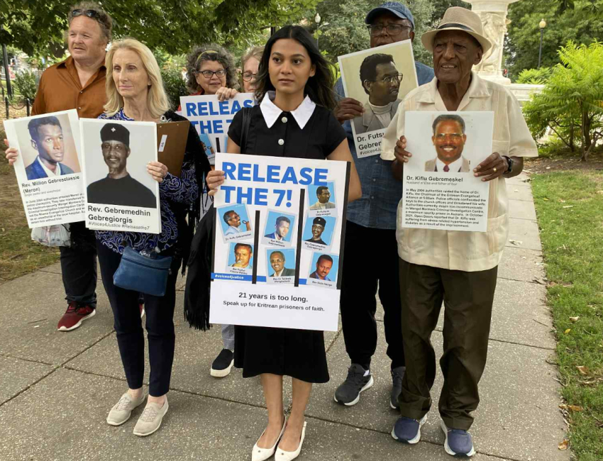 Religious freedom advocates protesting on behalf of detained Christian leaders in Eritrea walk to the Eritrean Embassy in Washington, D.C., Aug. 21, 2025. From left to right: International Religious Freedom Roundtable Africa Working Group Co-Chair Scott Morgan, Christian Freedom International President Wendy Wright, Katatismos Global Director of Advocacy Faith McDonnell, 21 Wilberforce Director of Communications Lou Ann Sabatier, Christian Freedom International Cultural Specialist and Executive Assistant Ella Elwin, Haile Tesfay and Araya Debessay.