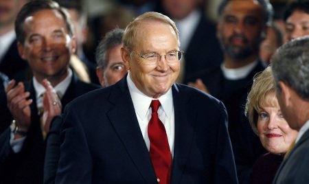 Dr. James Dobson (C), founder of Focus on the Family, participates in the National Day of Prayer ceremony at the White House May 3, 2007, in Washington, D.C. The program included prayers and meditations from Christian and Jewish leaders and a performance by the US Army Chorus. 