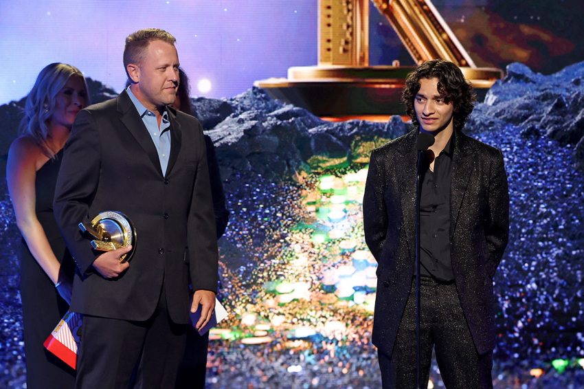 Jon Erwin and Michael Iskander accept the TV/Streaming Impact for “House of David" during the 2025 K-LOVE Fan Awards at Grand Ole Opry House on May 25, 2025, in Nashville, Tennessee. 