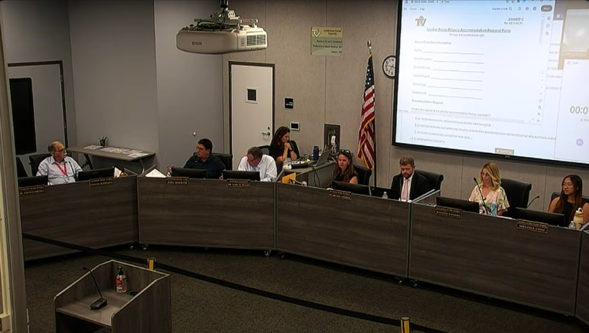 A screenshot of the Aug. 26, 2025, meeting of the Temecula Valley Unified School District board meeting in California. 