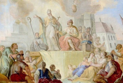 A ceiling fresco at a church in Germany depicting Saint Aidan (d.651), the bishop of Lindisfarne, preaching to the Northumbrians of England. 